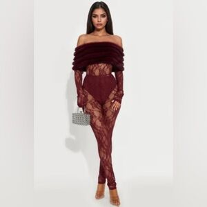 Fashion Nova Burgundy Lace Off-Shoulder Jumpsuit